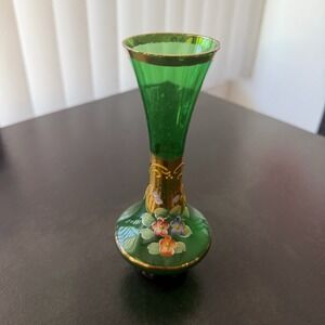 Vintage Emerald Green Glass Vase Gold Rim Hand Painted Flowers Czech Bohemian